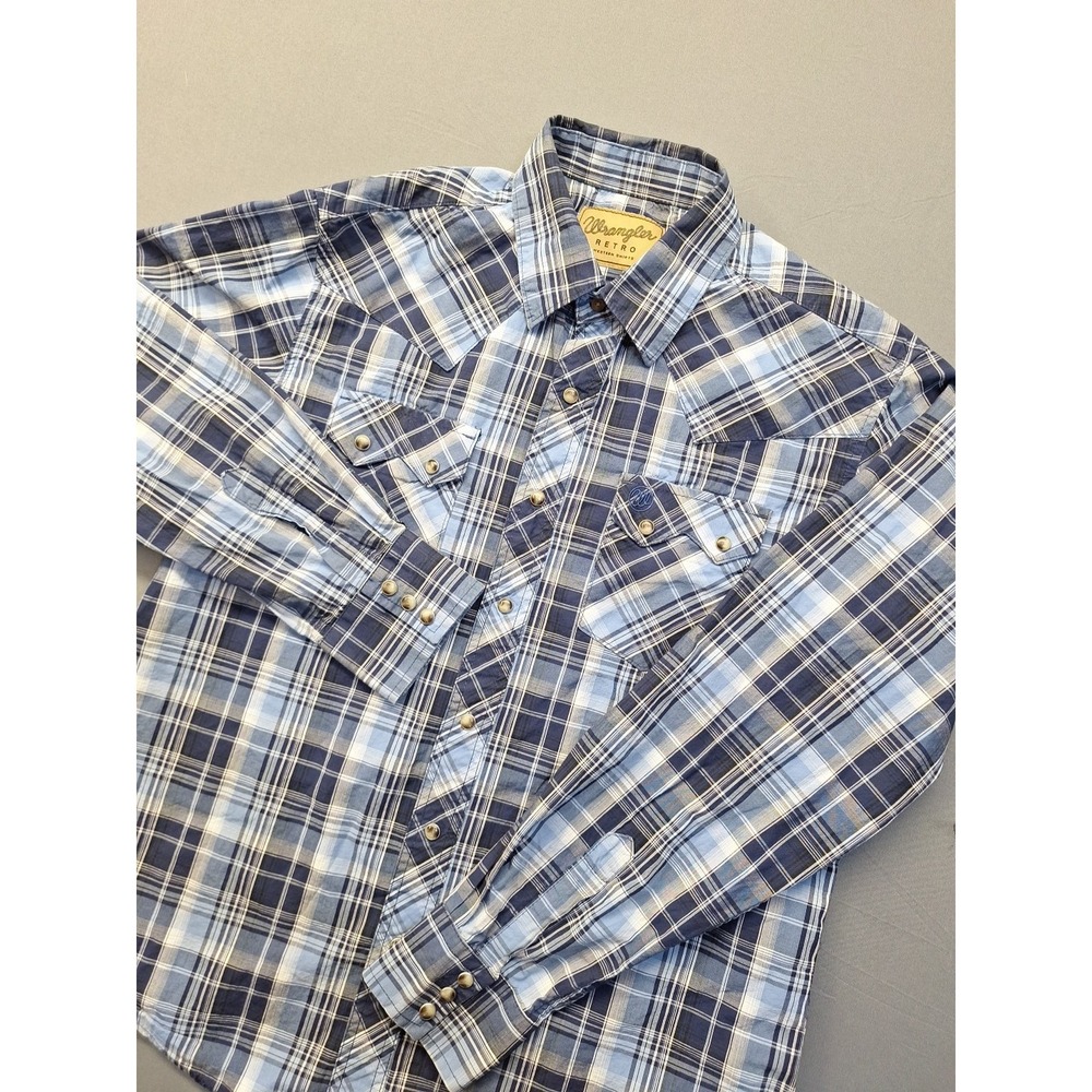 Wrangler Retro Shirt Mens Large Blue Plaid Pearl Snap Sawtooth Western Cowboy